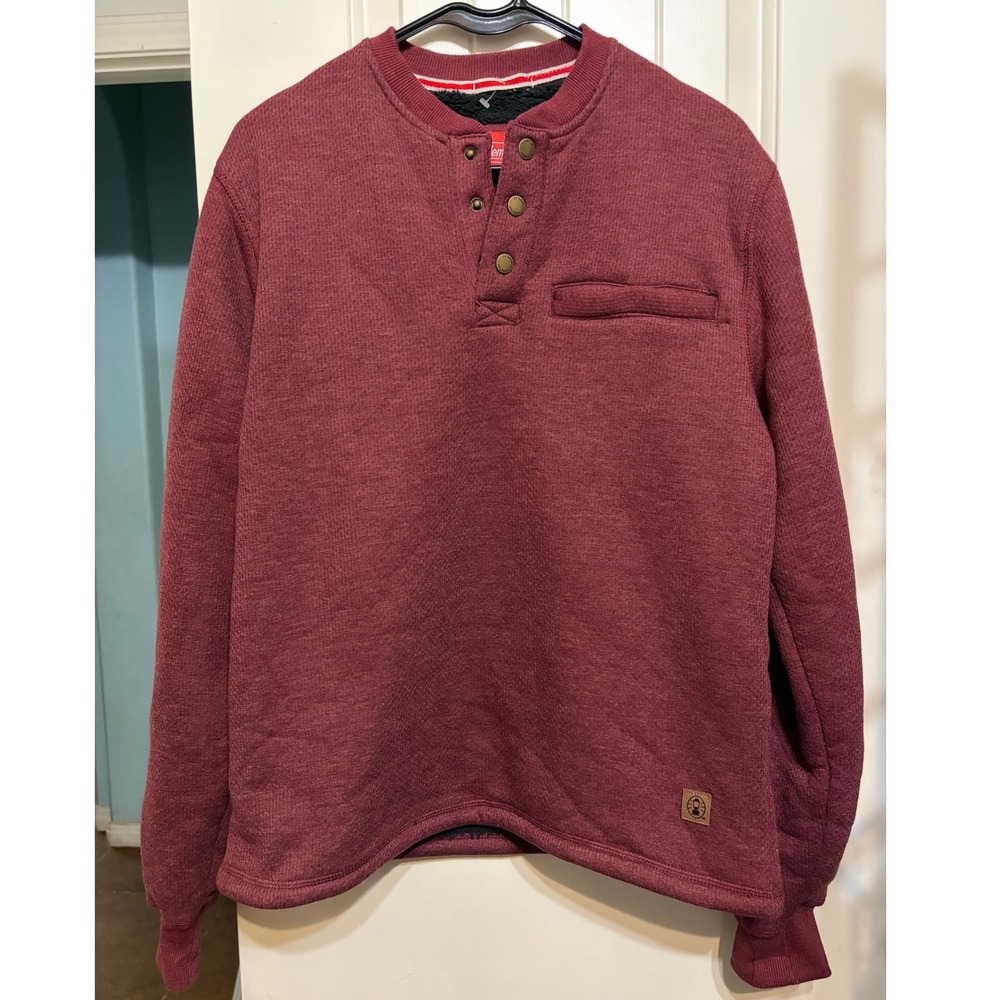 Coleman Mens Sherpa Lined Henley Sweatshirt Burgundy Waffle Knit Pullover Small